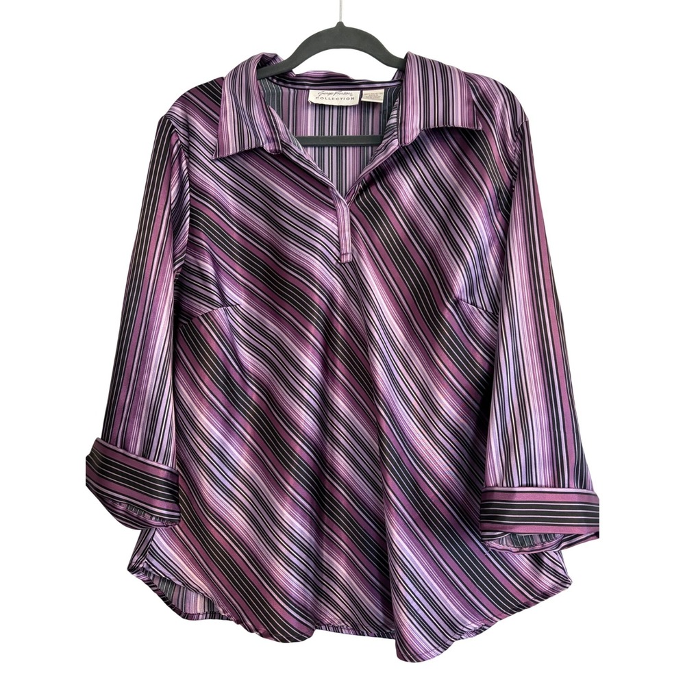 Giorgio Fiorlini Collection Purple Striped‎ V-Neck 3/4 Sleeve Blouse XL Satin